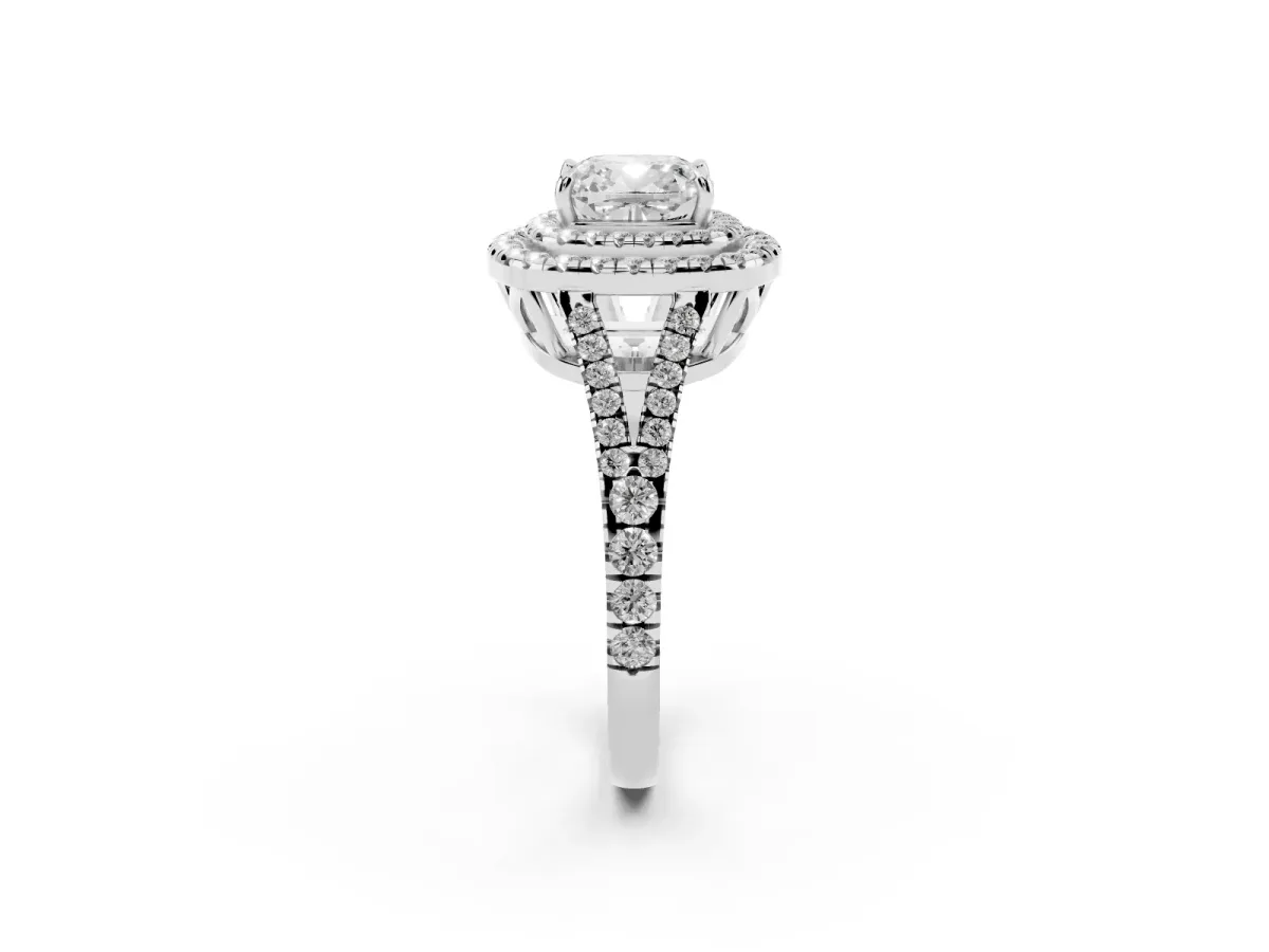 Cushion Cut Diamond Double Halo Ring with Pavé Band and Prong Setting Platinum