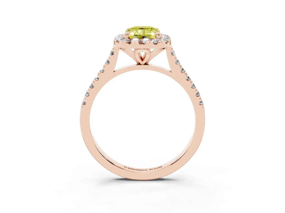 Fancy Yellow Emerald Cut Diamond Cushion Halo Ring with Pavé Band Rose gold