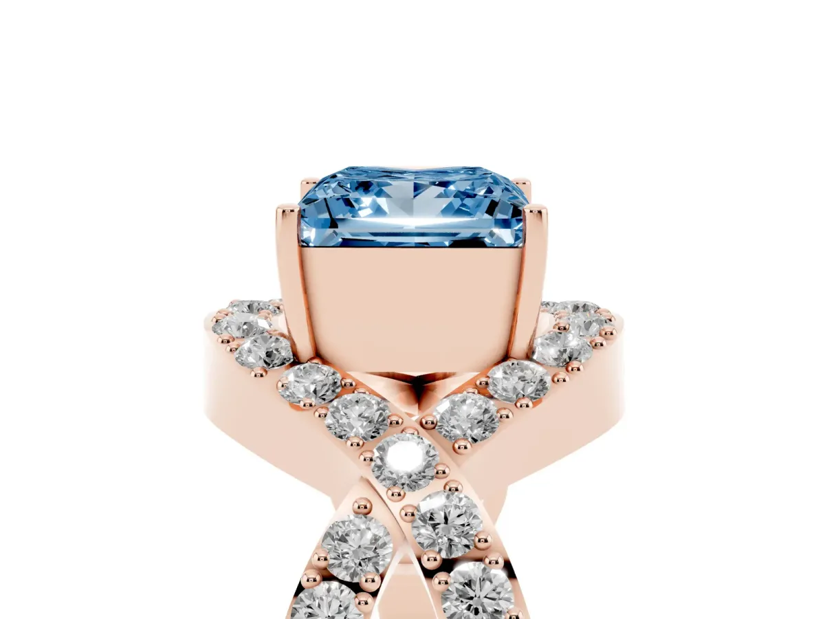 Fancy Blue Princess Cut Solitaire Twist Band Pavé Diamond Engagement Ring Rose gold