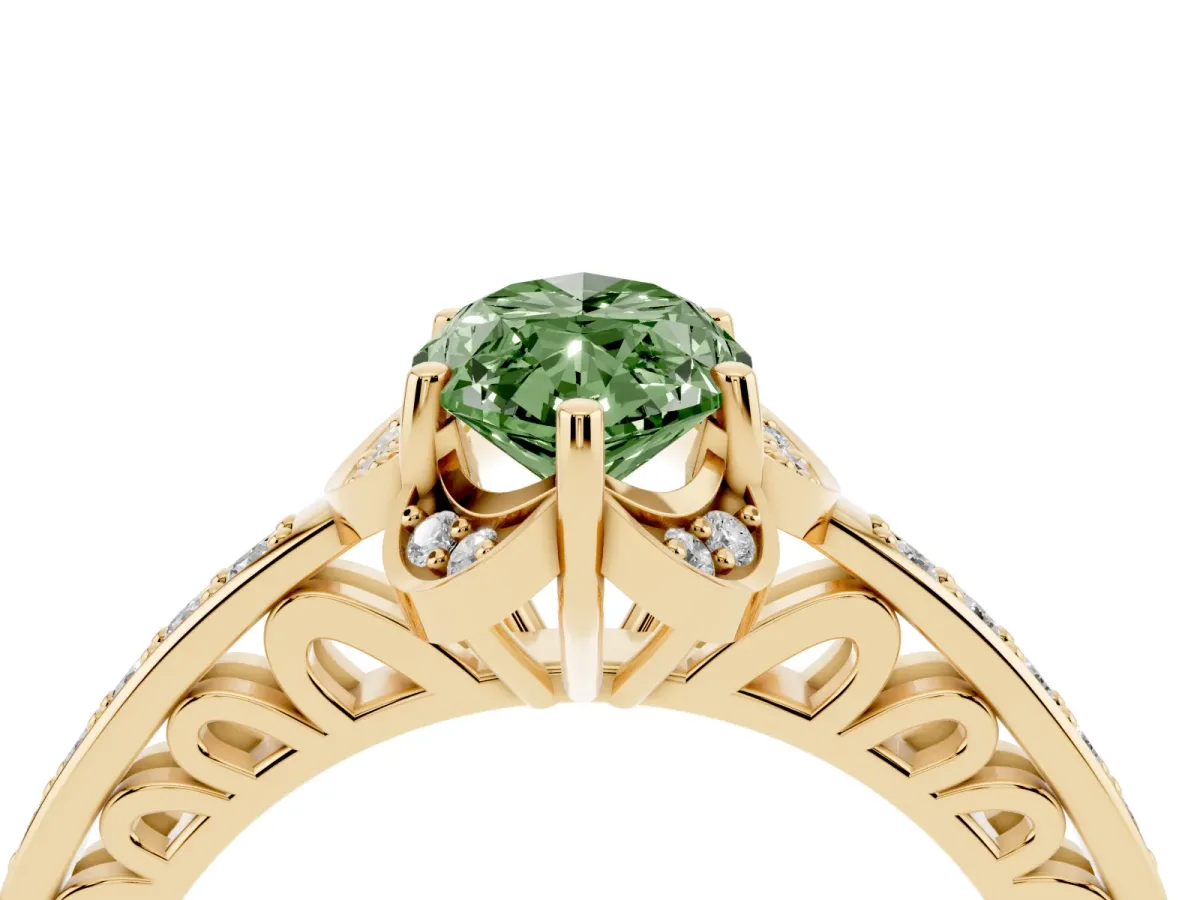 Fancy Green Marquise Cut Cut Halo Diamond Ring with Channel Set Band and Four-Prong Setting Yellow gold