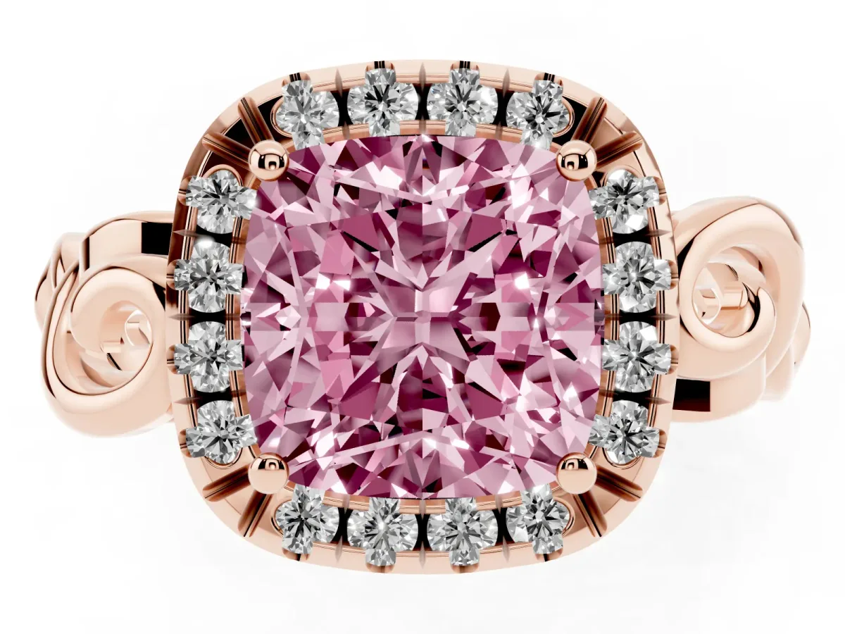 Fancy Pink Cushion Cut Cut Halo Diamond Ring with Scrollwork Band and Four-Prong Setting Rose gold