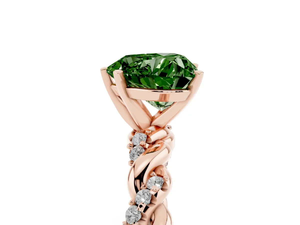 Fancy Green Heart Cut Diamond Solitaire Ring with Twisted Band and Pavé Accents Rose gold