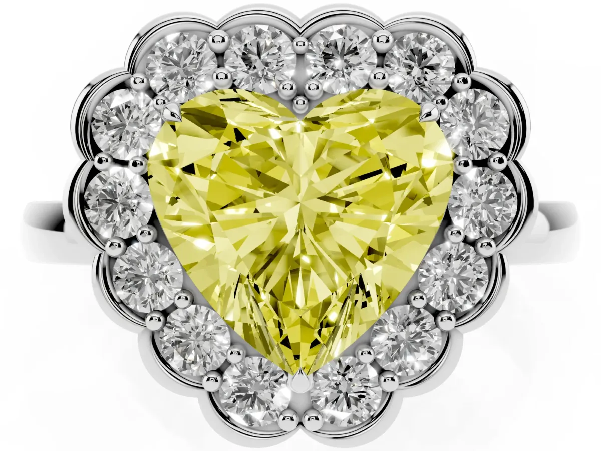 Fancy Yellow Heart Cut Halo Cluster Diamond Engagement Ring with Solitaire Band and Prong Setting Platinum