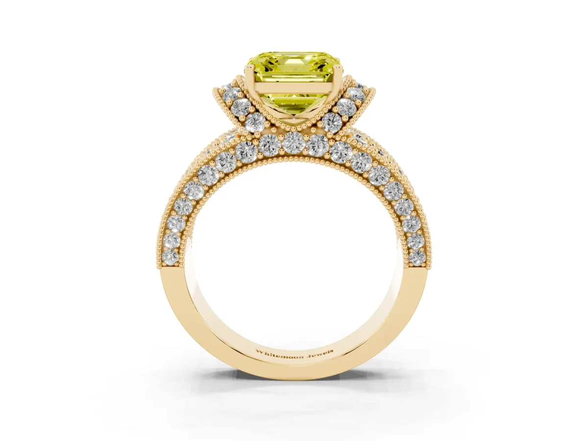 Fancy Yellow Asscher Cut Halo Pave Diamond Engagement Ring with Milgrain Detailing Yellow gold