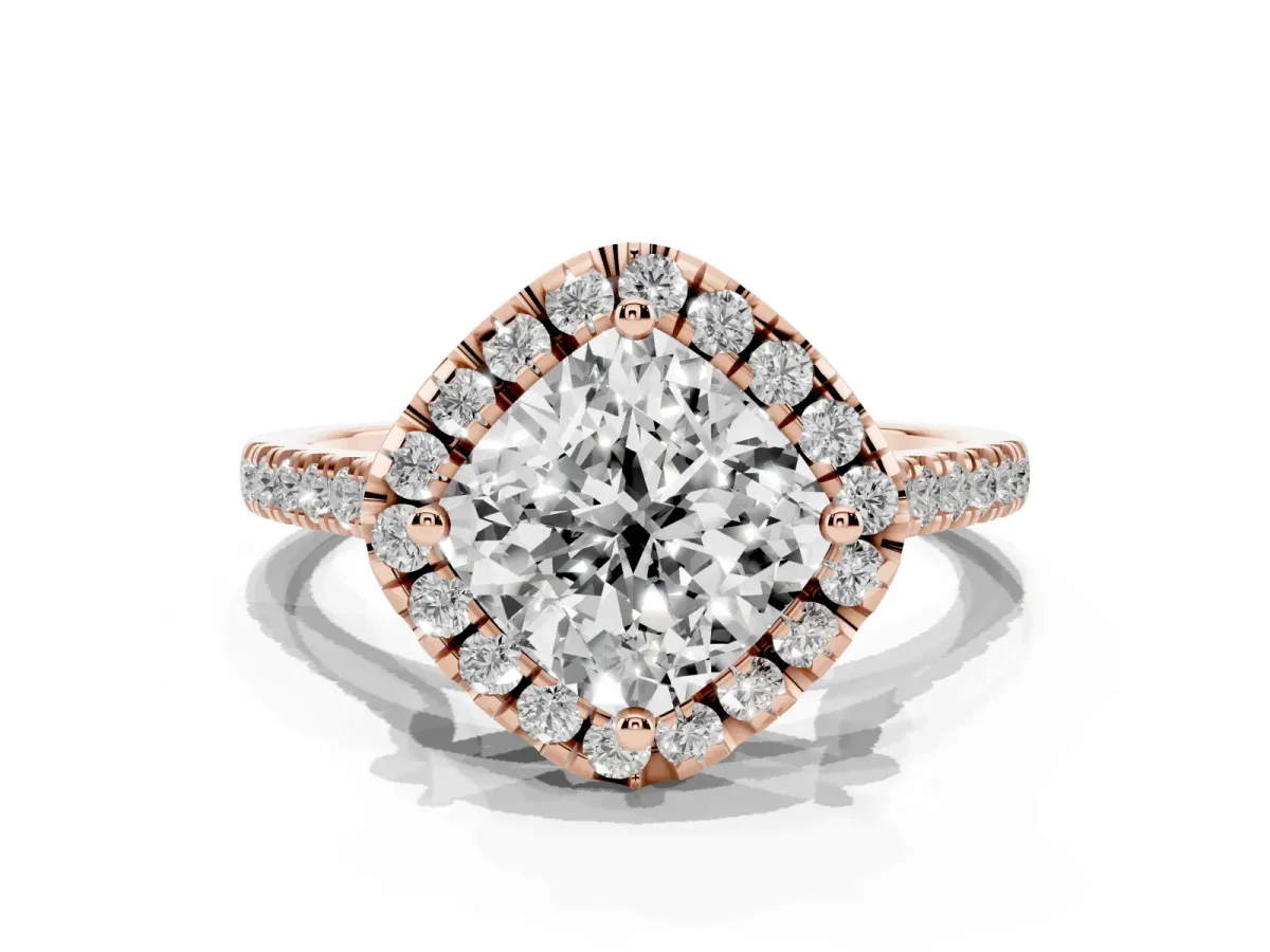 Cushion Cut Diamond Cushion Halo Ring with Pavé Band Rose gold