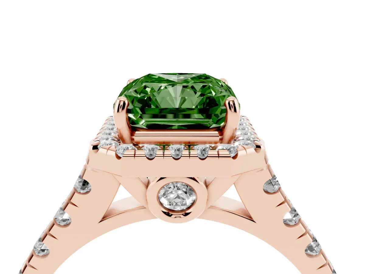 Fancy Green Radiant Cut Halo Pavé Diamond Engagement Ring with Four-Prong Setting Rose gold