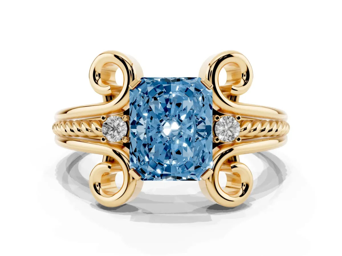 Fancy Blue Radiant Cut Solitaire Twisted Band Scroll Prong Ring Yellow gold