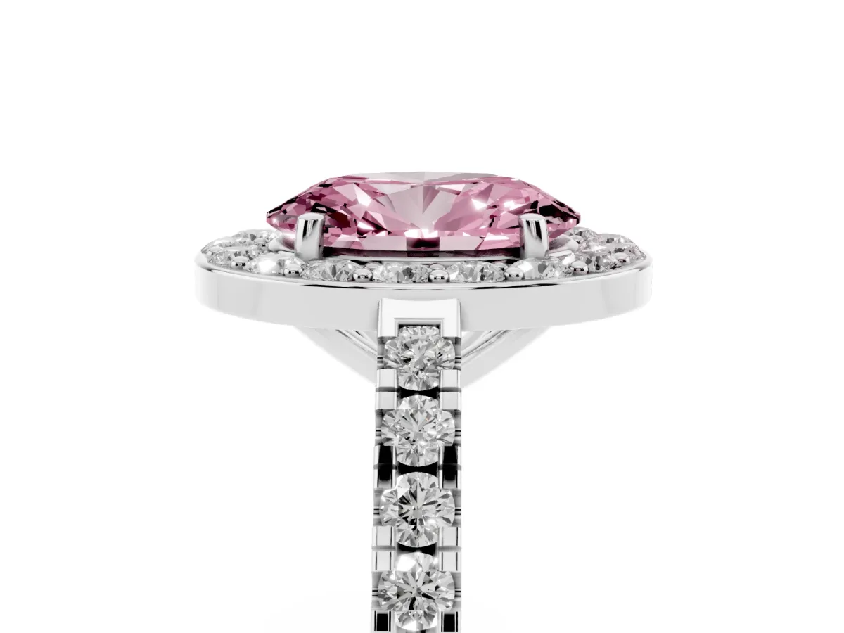 Fancy Pink Oval Cut Diamond Halo Ring with Round Pavé Split Shank and Prong Setting Silver