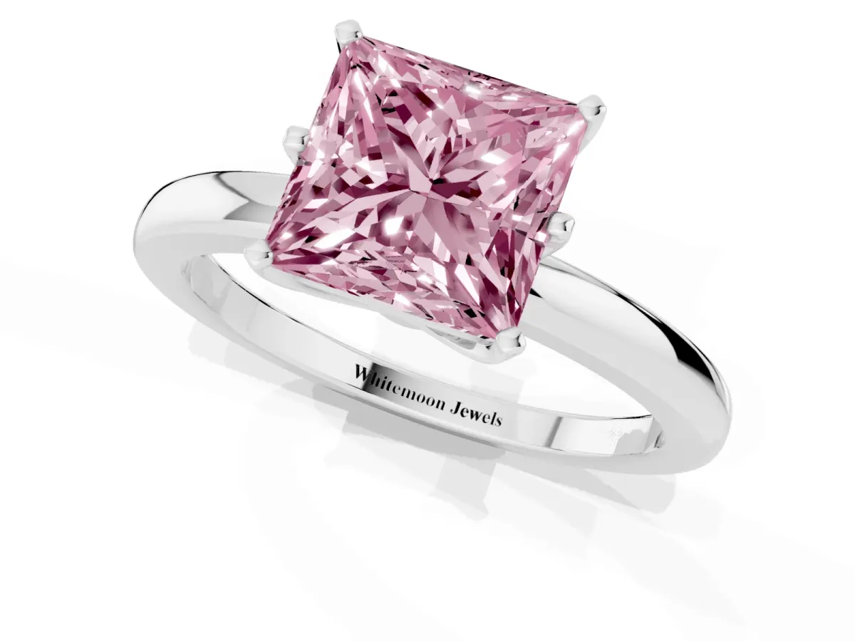 Fancy Pink Princess Cut Solitaire Diamond Ring with Six-Prong Setting on a Classic Band Silver