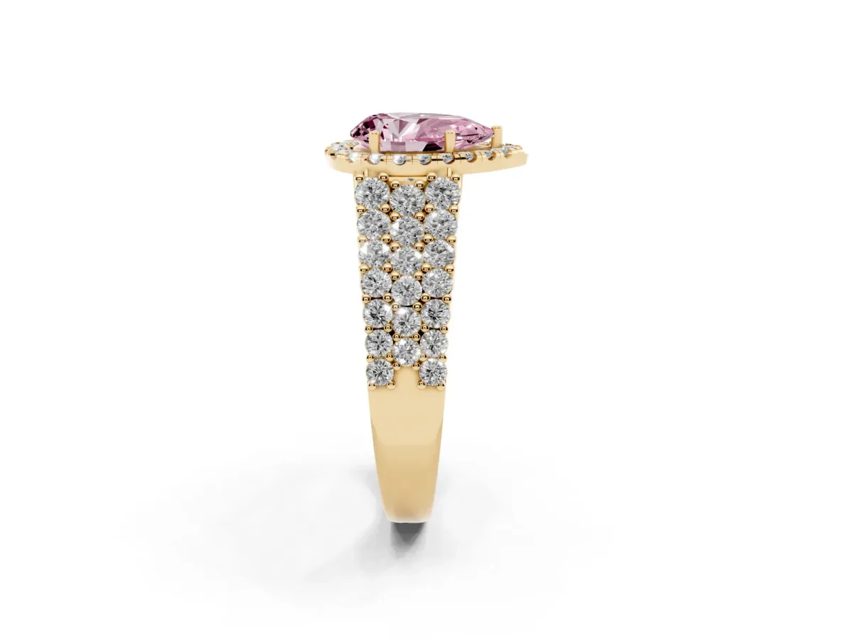 Fancy Pink Pear Cut Diamond Halo Engagement Ring with Triple Row Round Pavé Band and Prong Setting Yellow gold