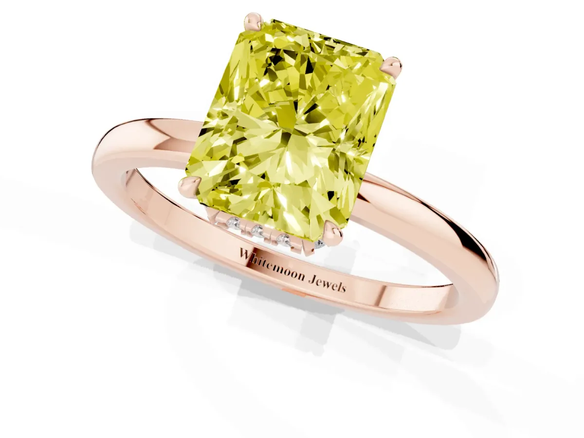 Fancy Yellow Radiant Cut Solitaire Engagement Ring with Cathedral Band and Four-Prong Setting Rose gold