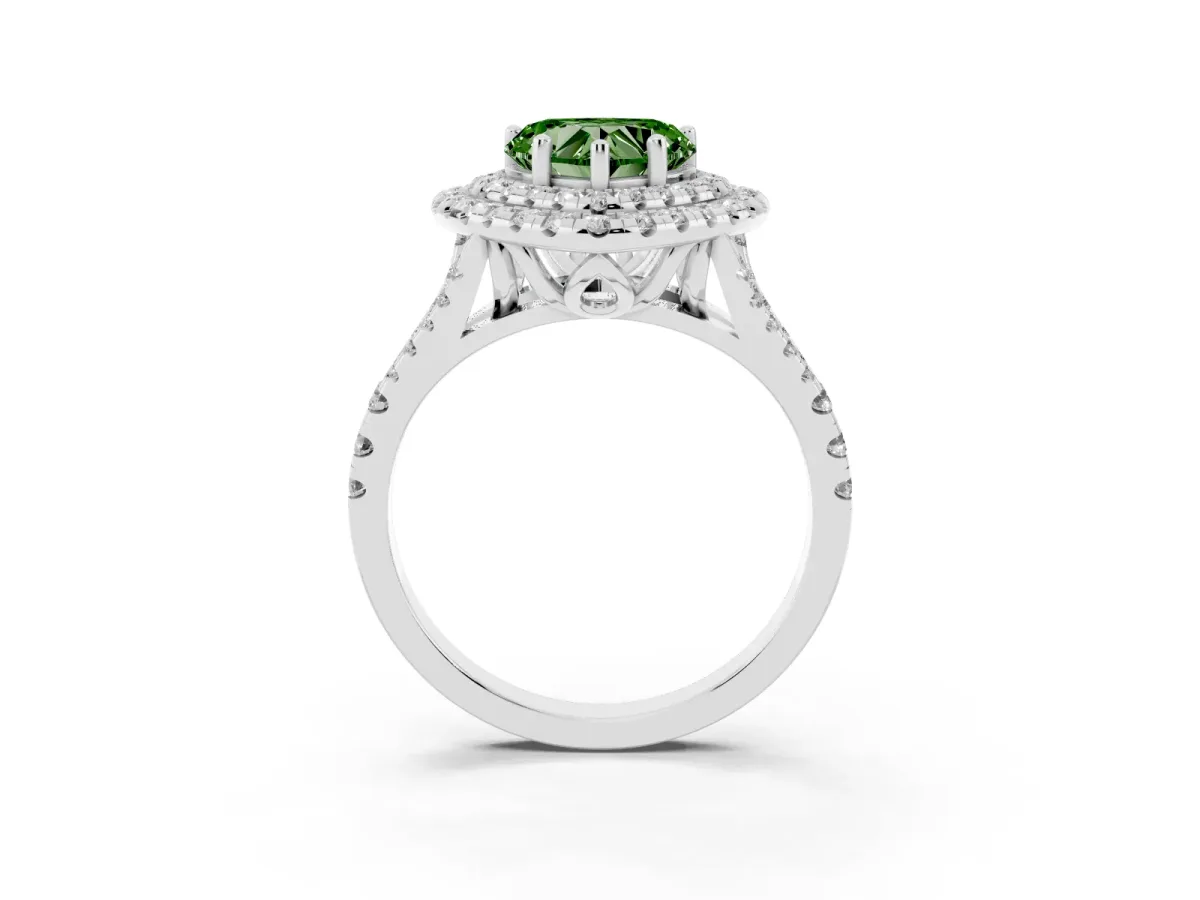 Fancy Green Double Halo Heart Cut Diamond Pavé Split Shank Ring with Prong Setting Platinum