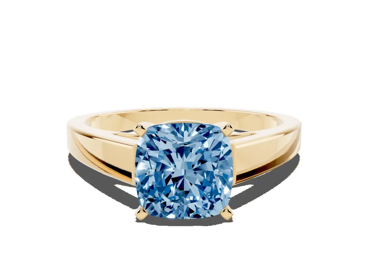 Fancy Blue Cushion Cut Solitaire Engagement Ring with Four-Prong Setting and Tapered Band Yellow gold