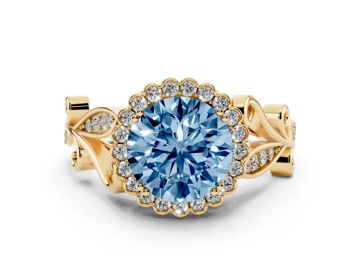 Fancy Blue Round Cut Diamond Halo Ring with Vintage Split Shank and Four-Prong Setting Yellow gold