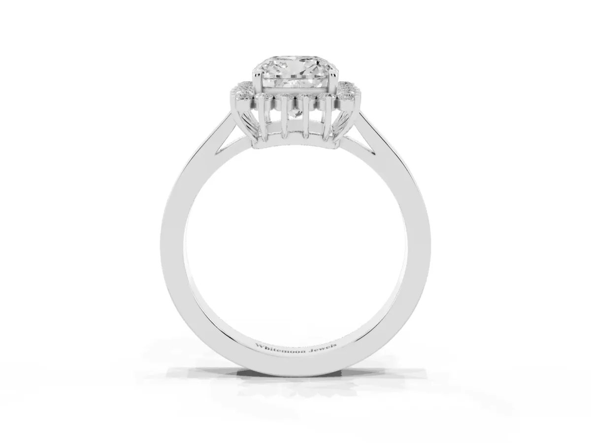 Cushion Cut Cut Diamond Halo Ring with Round Brilliant Halo and Solitaire Band White gold