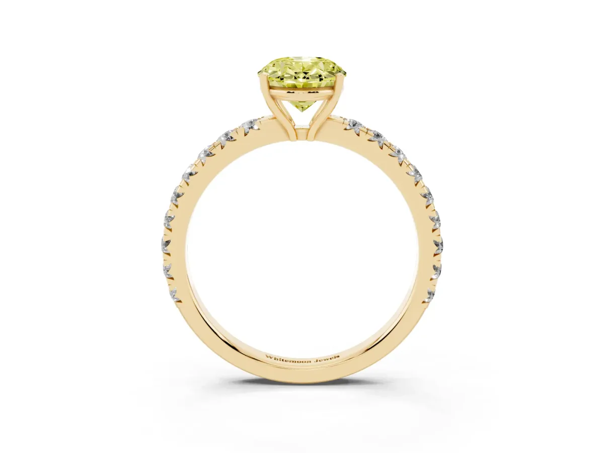 Fancy Yellow Oval Cut Diamond Pavé Solitaire Engagement Ring with Four-Prong Setting Yellow gold