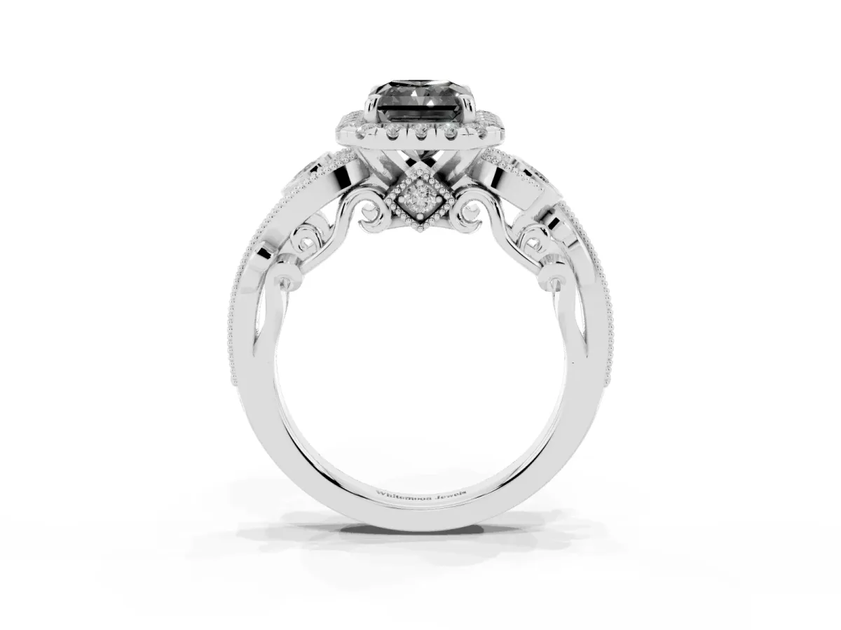 Fancy Black Radiant Cut Halo Diamond Ring with Milgrain and Bezel Accents on a Split Shank Band Silver