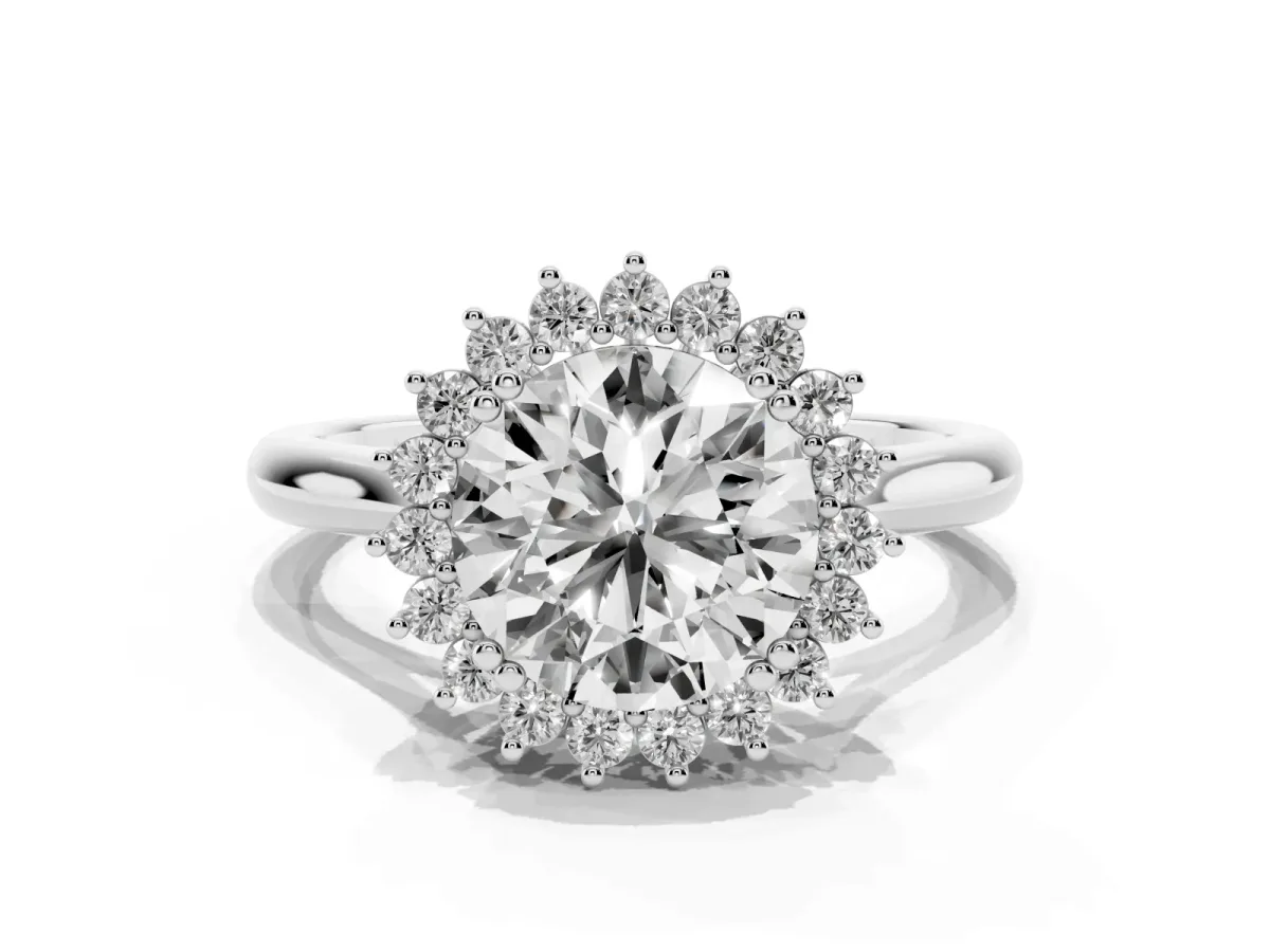 Round Cut Cut Diamond Halo Ring with Solitaire Band and Prong Setting Silver