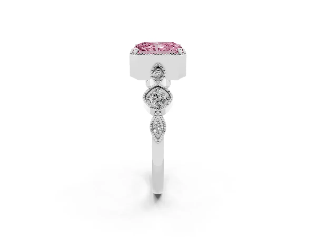 Fancy Pink Radiant Cut Diamond Vintage Milgrain Ring with Round Stations Silver