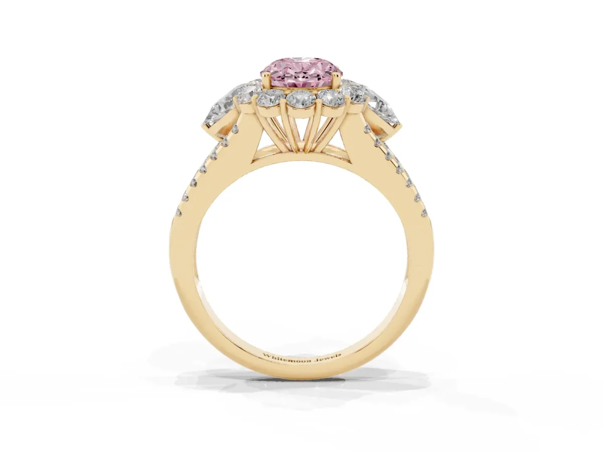 Fancy Pink Oval Cut Halo Split Shank Diamond Engagement Ring with Prong Setting Yellow gold