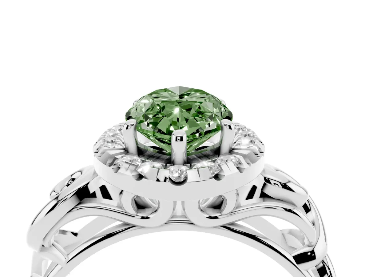 Fancy Green Marquise Cut Cut Halo Diamond Ring with Scrollwork Band and Four-Prong Setting Platinum