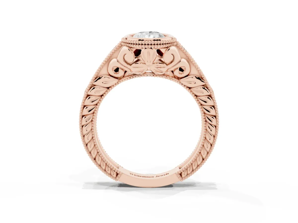 Bezel Set Pear Cut Diamond Milgrain Pave Engagement Ring Rose gold