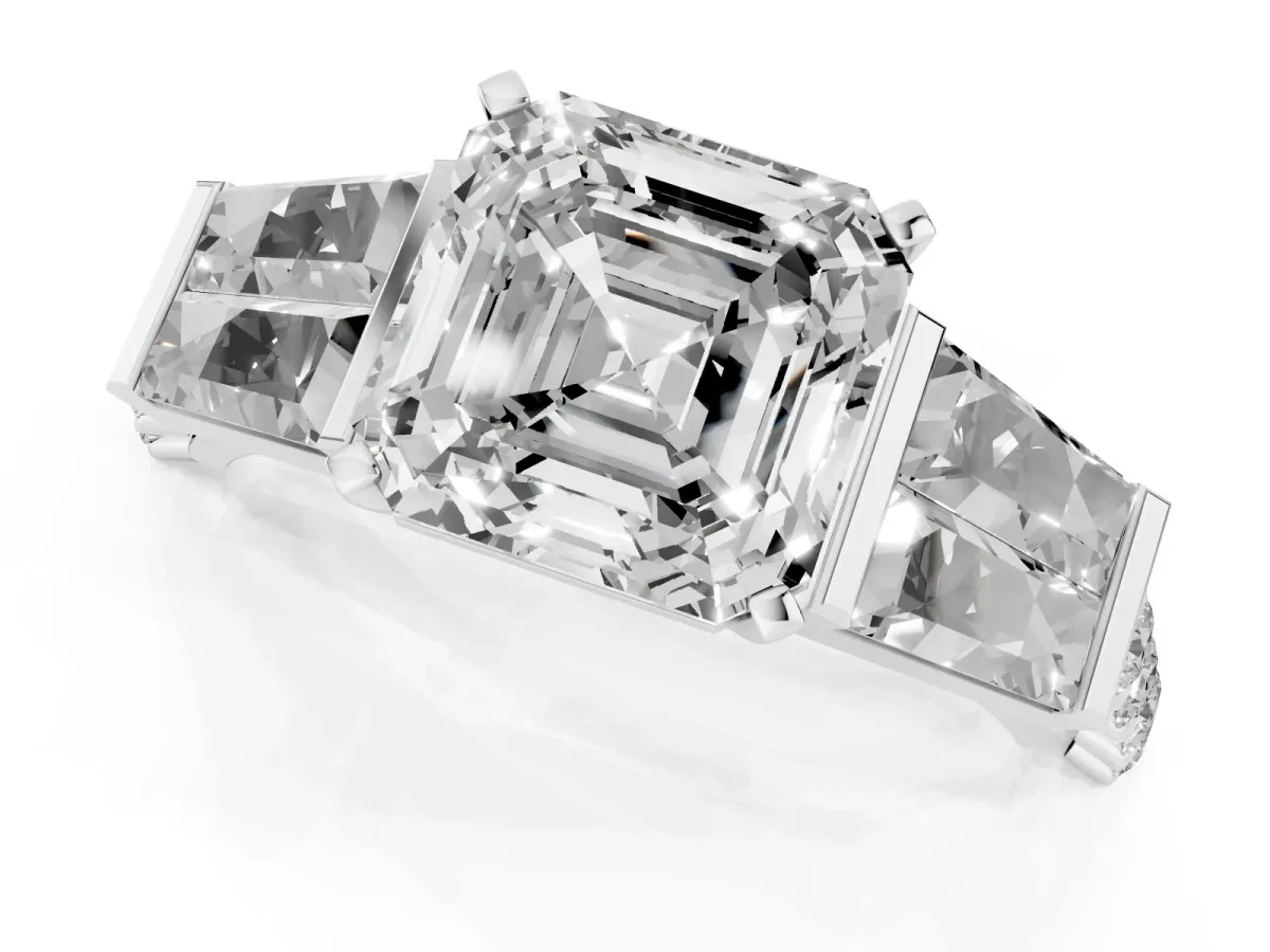 Asscher Cut Diamond Engagement Ring with Baguette Side Stones and Channel Set Band Platinum