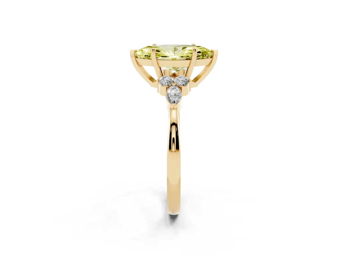 Fancy Yellow Marquise Cut Brilliant Diamond Solitaire Ring with Pear Side Stones and Four-Prong Setting Yellow gold