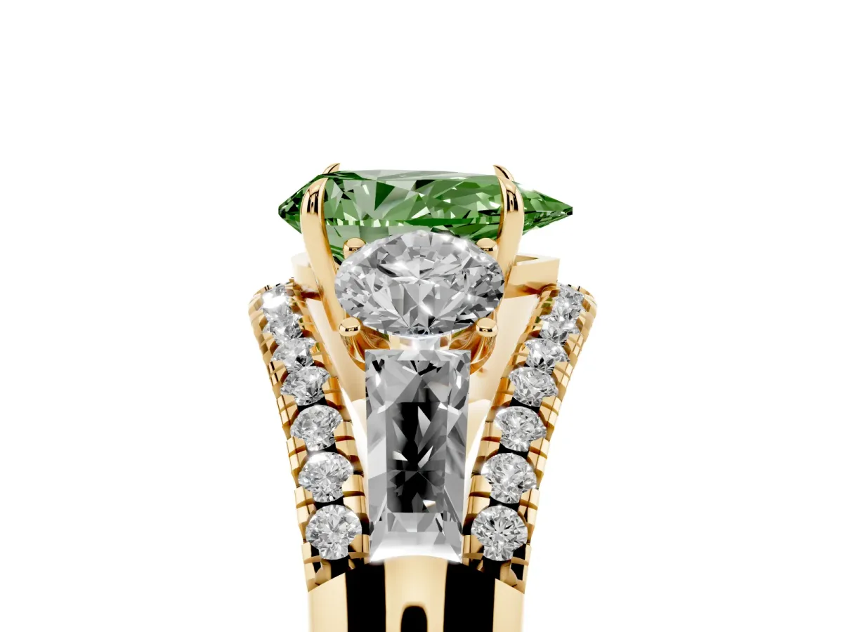 Fancy Green Three-Stone Pear Cut Diamond Engagement Ring with Pave Band and Prong Setting Yellow gold