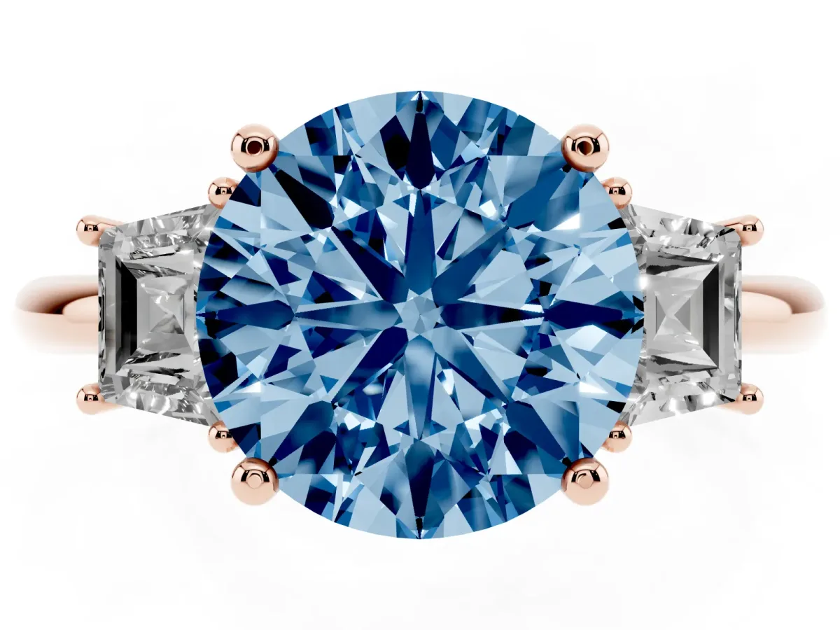 Fancy Blue Round Cut Diamond Three-Stone Ring with Trapezoid Side Stones and Prong Setting Rose gold