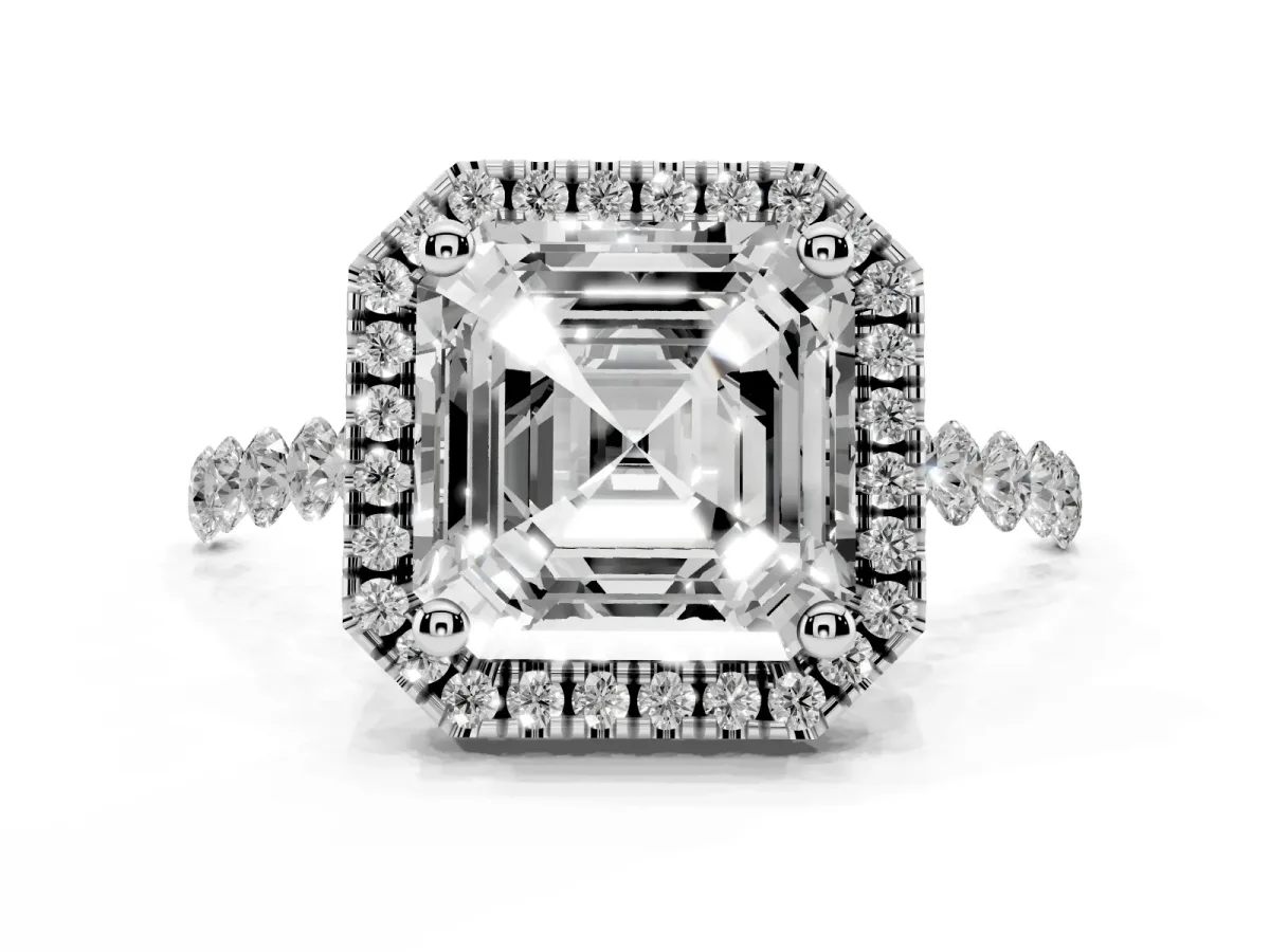 Asscher Cut Halo Pavé Diamond Engagement Ring with Four-Prong Setting Silver