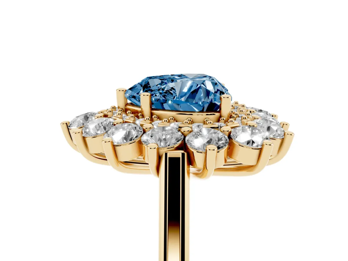 Fancy Blue Heart Cut Diamond Floral Double Halo Engagement Ring with Prong Setting Yellow gold