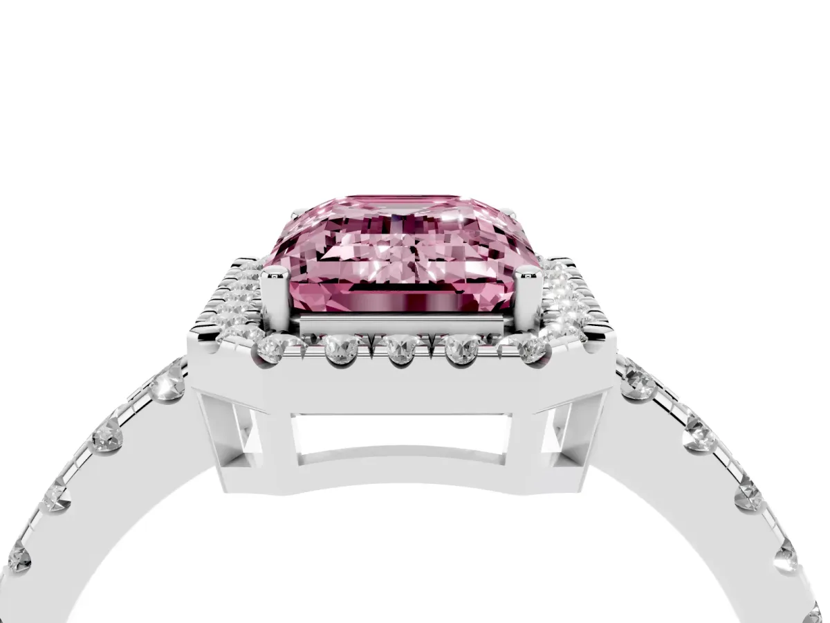 Fancy Pink Emerald Cut Diamond Halo Ring with Pavé Band and Four-Prong Setting Silver