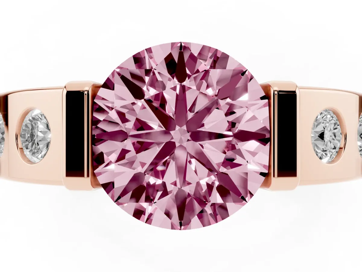 Fancy Pink Round Cut Brilliant Channel-Set Diamond Ring with Bezel Prong Setting Rose gold