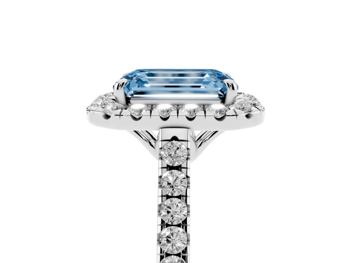 Fancy Blue Emerald Cut Halo Pavé Diamond Engagement Ring with Four-Prong Setting Silver