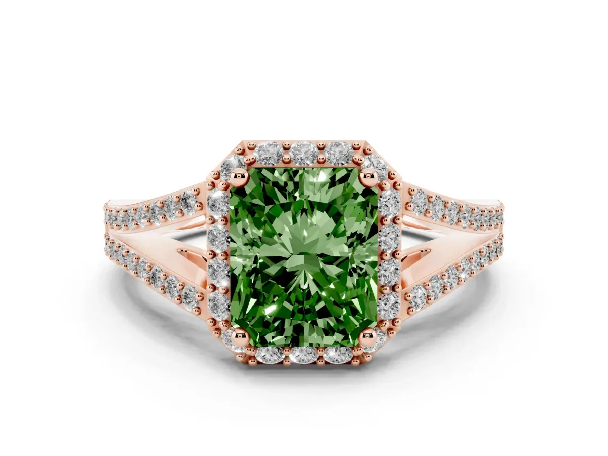 Fancy Green Radiant Cut Halo Split Shank Diamond Ring with Prong Setting Rose gold