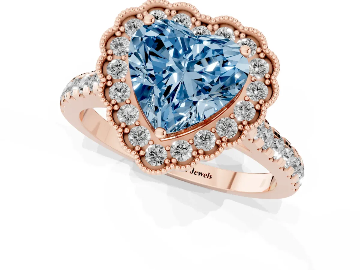Fancy Blue Heart Cut Cut Diamond Milgrain Floral Halo Engagement Ring with Pavé Band Rose gold