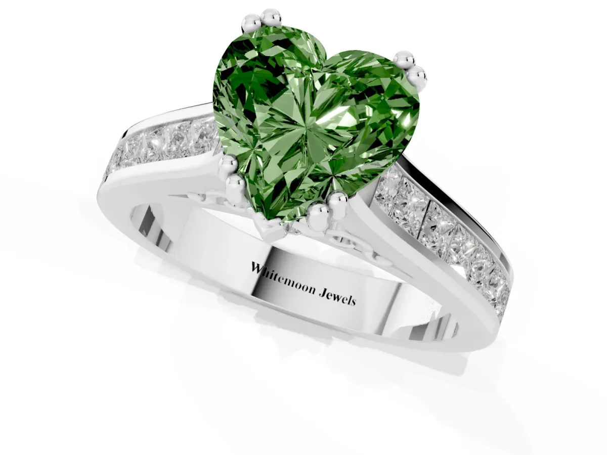 Fancy Green Heart Cut Cut Channel Set Solitaire Engagement Ring with Prong Setting Silver