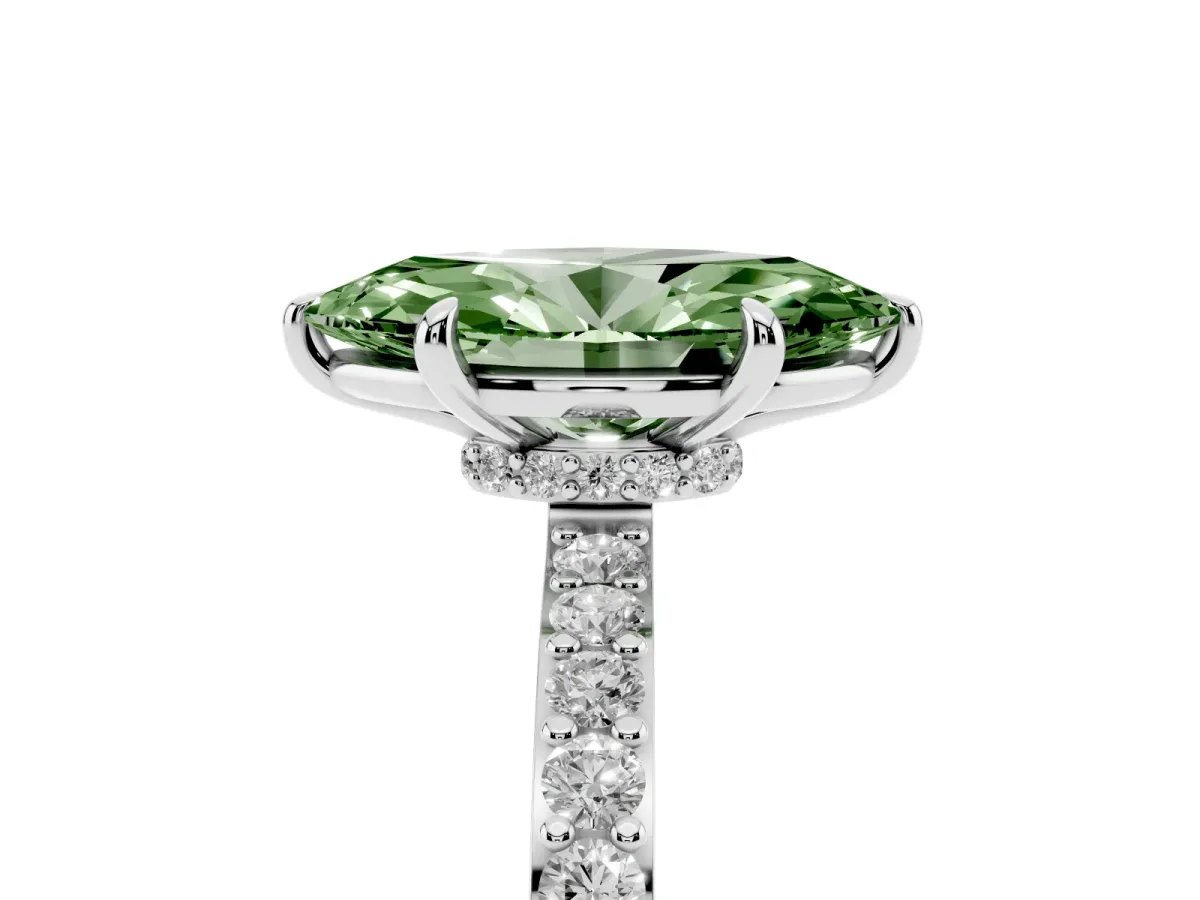 Fancy Green Marquise Cut Diamond Pavé Engagement Ring with Round Accents and Prong Setting Platinum