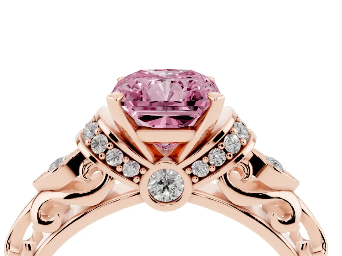 Fancy Pink Radiant Cut Diamond Solitaire Ring with Filigree Band and Four-Prong Setting Rose gold