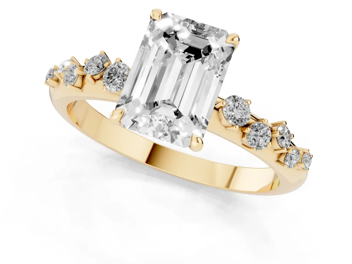 Emerald Cut Diamond Cluster Prong-Set Solitaire Ring Yellow gold