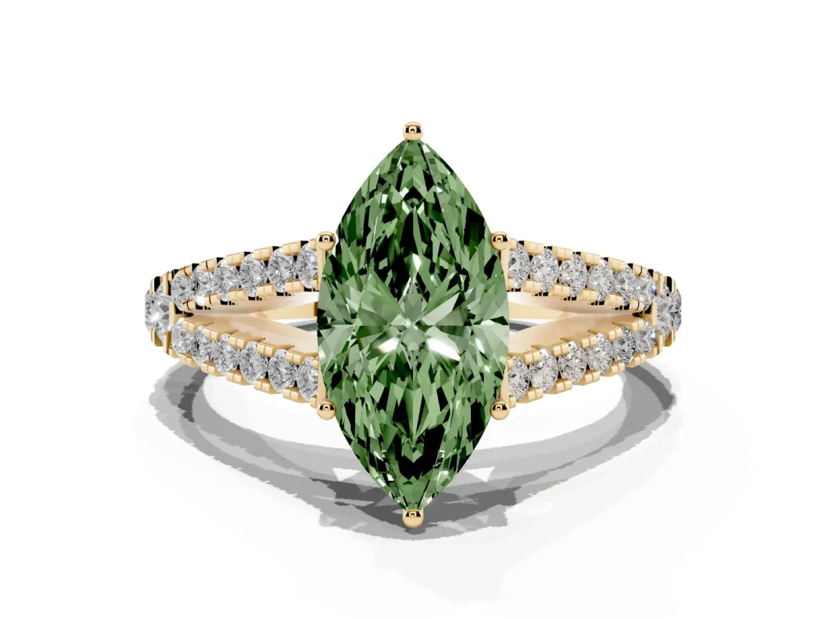 Fancy Green Marquise Cut Diamond Split Shank Pavé Engagement Ring with Four-Prong Setting Yellow gold