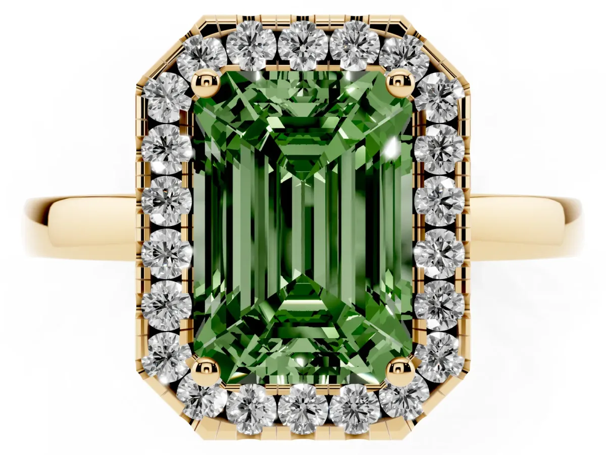 Fancy Green Emerald Cut Halo Diamond Solitaire with Pavé Band and Four-Prong Setting Yellow gold
