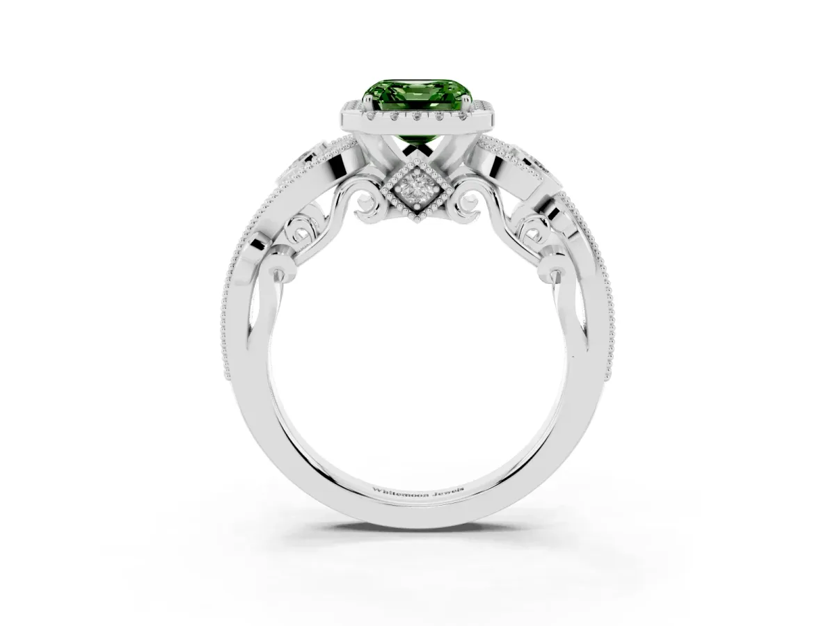 Fancy Green Asscher Cut Diamond Halo Ring with Milgrain Pavé Band and Four-Prong Setting White gold