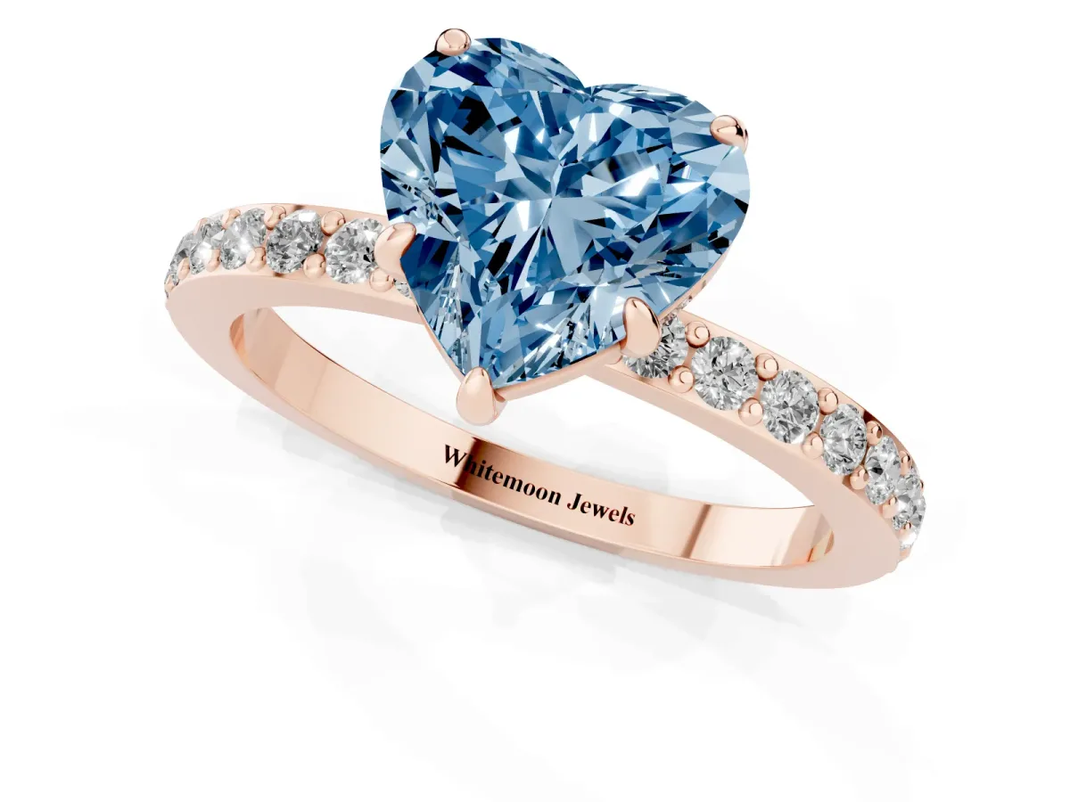 Fancy Blue Heart Cut Diamond Pavé Engagement Ring with Round Accents and Prong Setting Rose gold