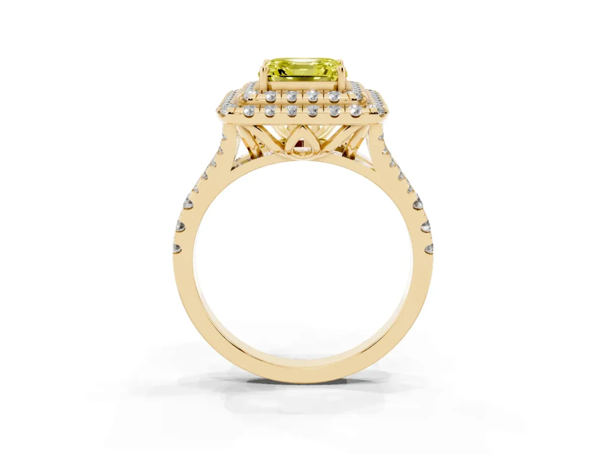 Fancy Yellow Double Halo Asscher Cut Diamond Pavé Split Shank Ring with Prong Setting Yellow gold