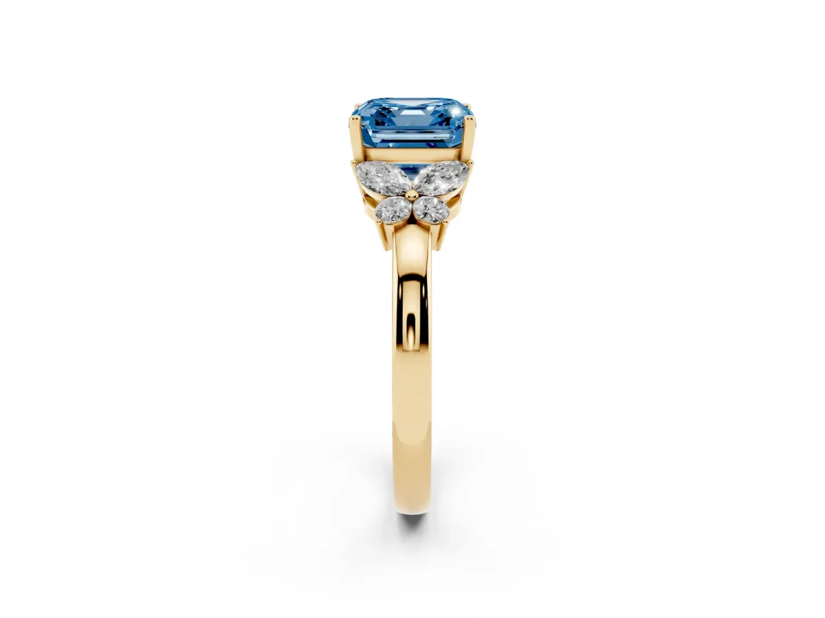 Fancy Blue Asscher Cut Cut Solitaire Floral Diamond Ring with Four-Prong Setting Yellow gold