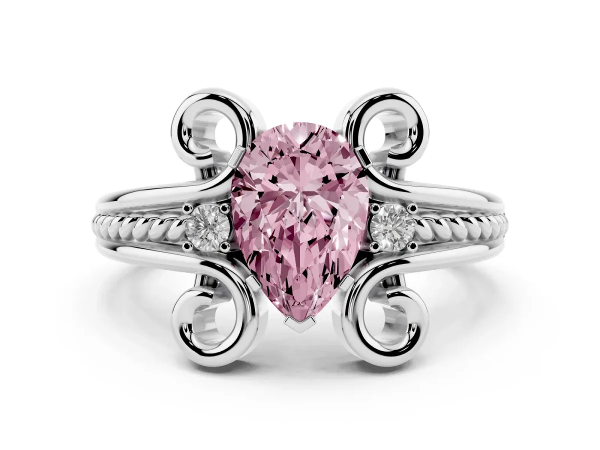 Fancy Pink Pear Cut Solitaire Twisted Band Scroll Prong Ring Silver