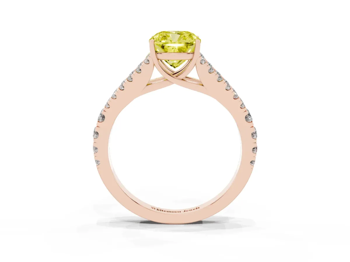 Fancy Yellow Cushion Cut Diamond Split Shank Pavé Engagement Ring with Four-Prong Setting Rose gold