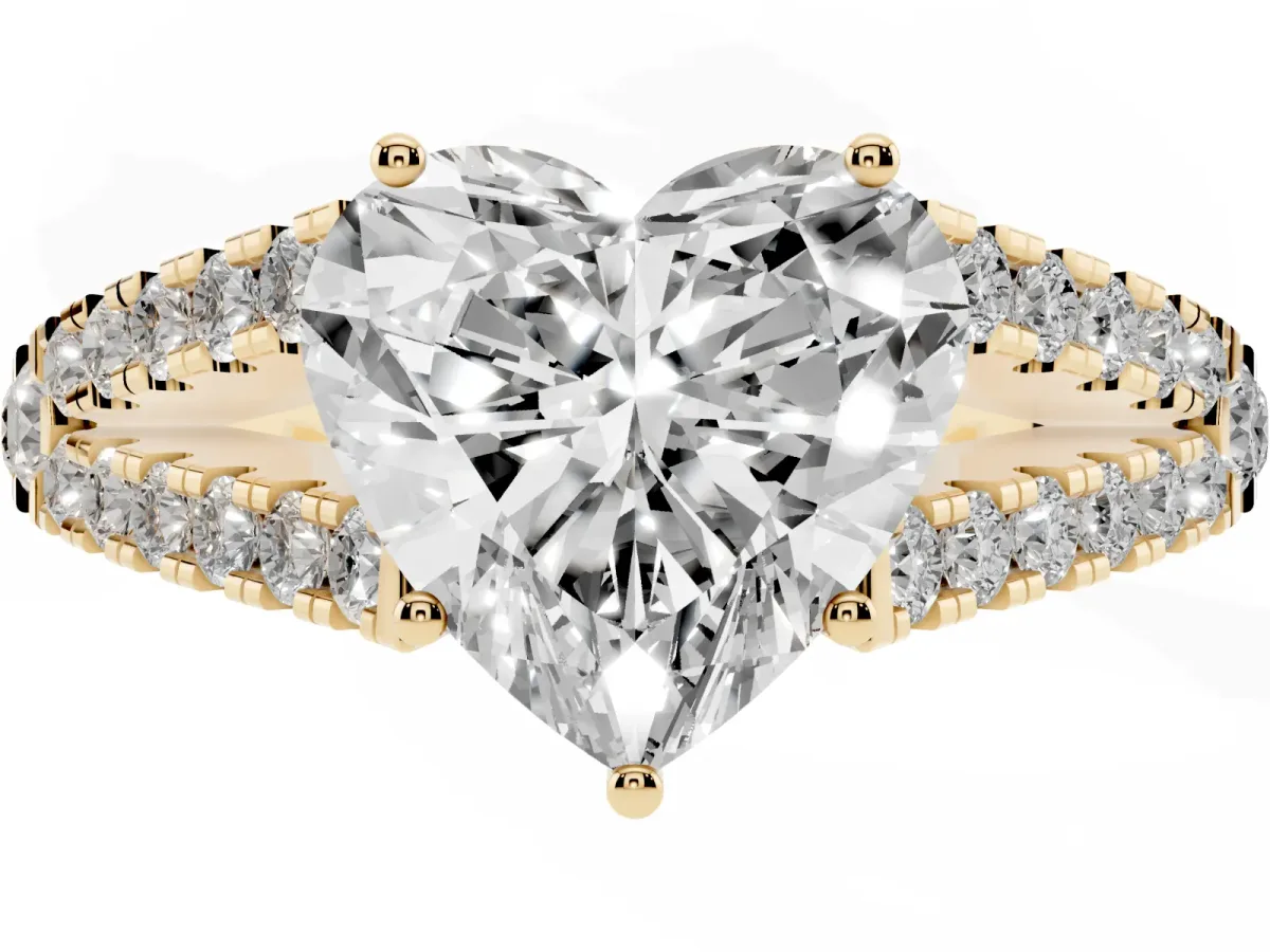 Heart Cut Diamond Split Shank Engagement Ring with Round Pavé and Prong Setting Yellow gold
